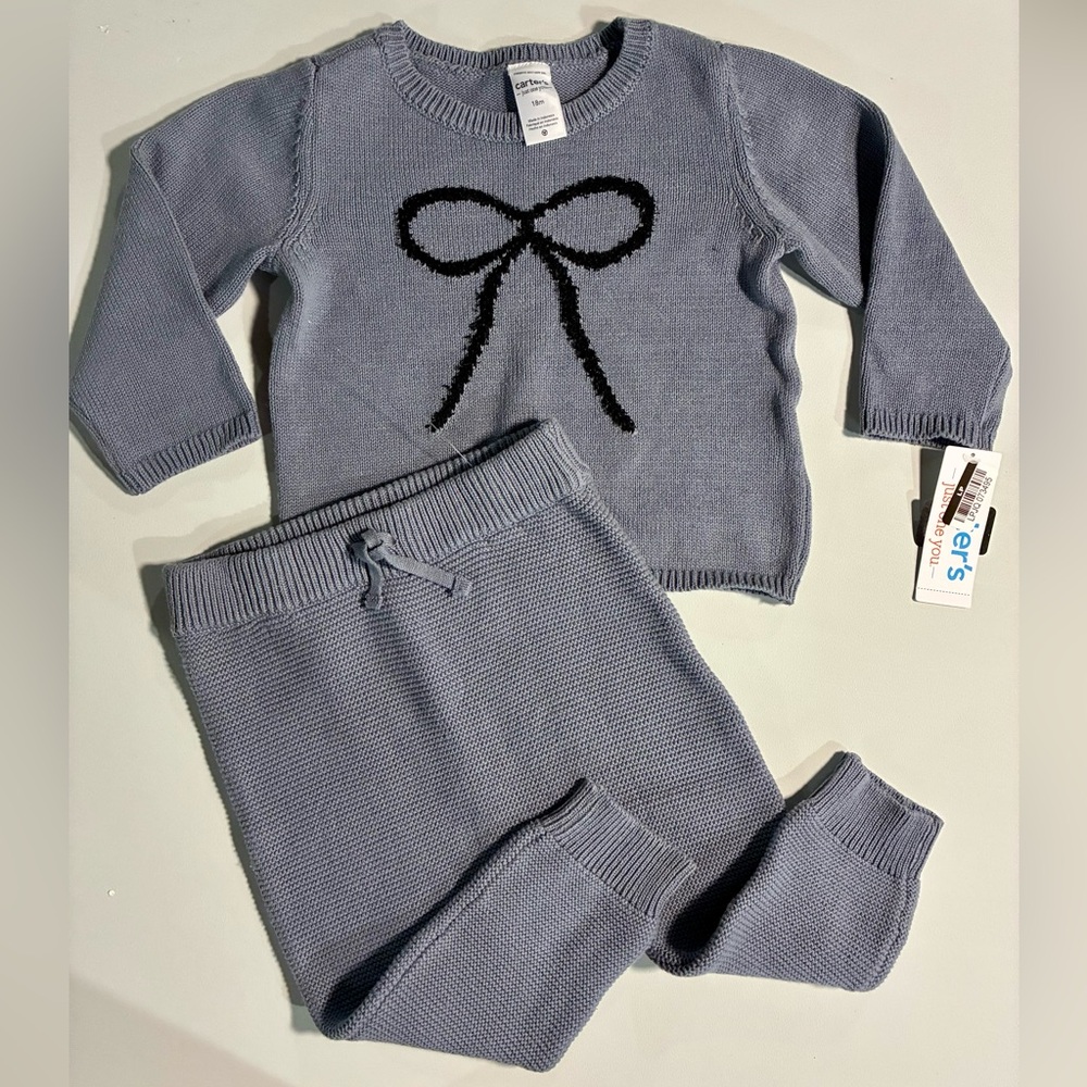 Carter's Girls’ Slate Blue Knit Sweater with Bow & Pants